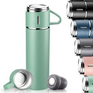 Bouteille Isotherme, Gourde Isotherme Etanche avec Tasse et Couvercle, sans BPA, Mug Isotherme 500ml en acier Inoxydable pour Café et Thé, Gourde Enfant Isotherme pour Randonnée, Ecole, Travail