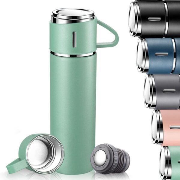Bouteille Isotherme, Gourde Isotherme Etanche avec Tasse et Couvercle, sans BPA, Mug Isotherme 500ml en acier Inoxydable pour Café et Thé, Gourde Enfant Isotherme pour Randonnée, Ecole, Travail