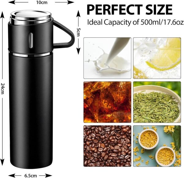 Bouteille Isotherme, Gourde Isotherme Etanche avec Tasse et Couvercle, sans BPA, Mug Isotherme 500ml en acier Inoxydable pour Café et Thé, Gourde Enfant Isotherme pour Randonnée, Ecole, Travail – Image 4