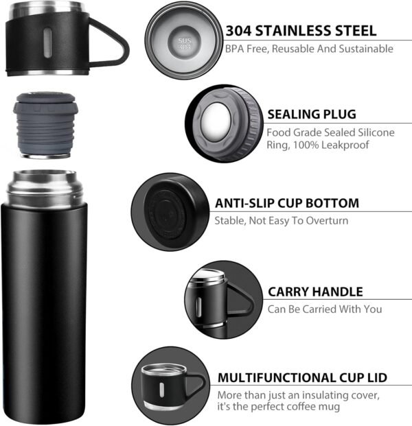 Bouteille Isotherme, Gourde Isotherme Etanche avec Tasse et Couvercle, sans BPA, Mug Isotherme 500ml en acier Inoxydable pour Café et Thé, Gourde Enfant Isotherme pour Randonnée, Ecole, Travail – Image 5