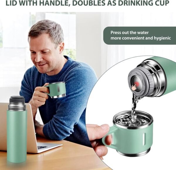 Bouteille Isotherme, Gourde Isotherme Etanche avec Tasse et Couvercle, sans BPA, Mug Isotherme 500ml en acier Inoxydable pour Café et Thé, Gourde Enfant Isotherme pour Randonnée, Ecole, Travail – Image 3