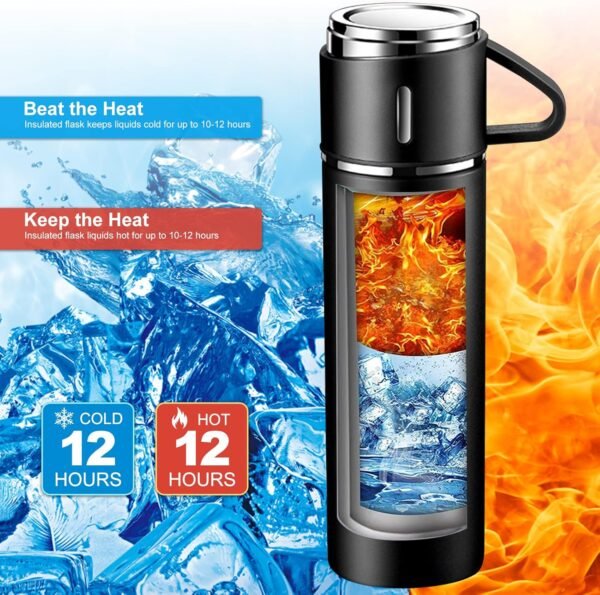 Bouteille Isotherme, Gourde Isotherme Etanche avec Tasse et Couvercle, sans BPA, Mug Isotherme 500ml en acier Inoxydable pour Café et Thé, Gourde Enfant Isotherme pour Randonnée, Ecole, Travail – Image 3