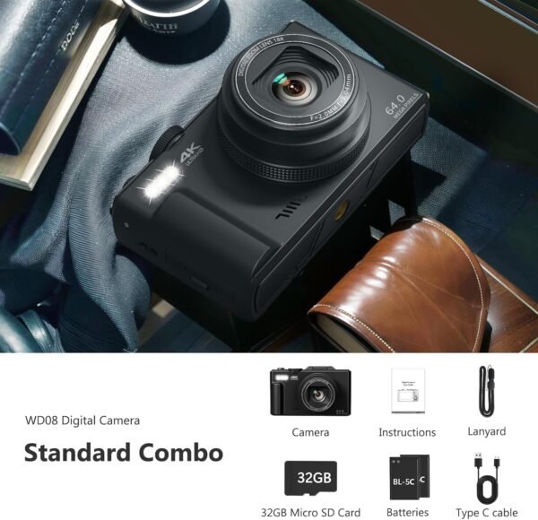 Appareil photo numérique 4K pour photographie, caméra de vlogging 64 MP pour YouTube avec écran rabattable – Image 6