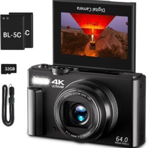 Appareil photo numérique 4K pour photographie, caméra de vlogging 64 MP pour YouTube avec écran rabattable