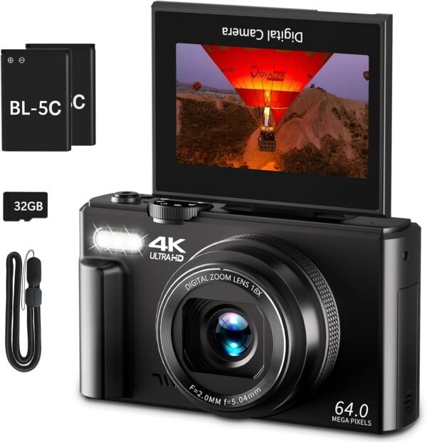 Appareil photo numérique 4K pour photographie, caméra de vlogging 64 MP pour YouTube avec écran rabattable