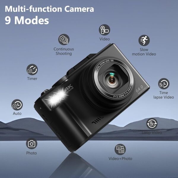 Appareil photo numérique 4K pour photographie, caméra de vlogging 64 MP pour YouTube avec écran rabattable – Image 5
