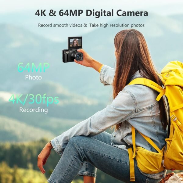 Appareil photo numérique 4K pour photographie, caméra de vlogging 64 MP pour YouTube avec écran rabattable – Image 2
