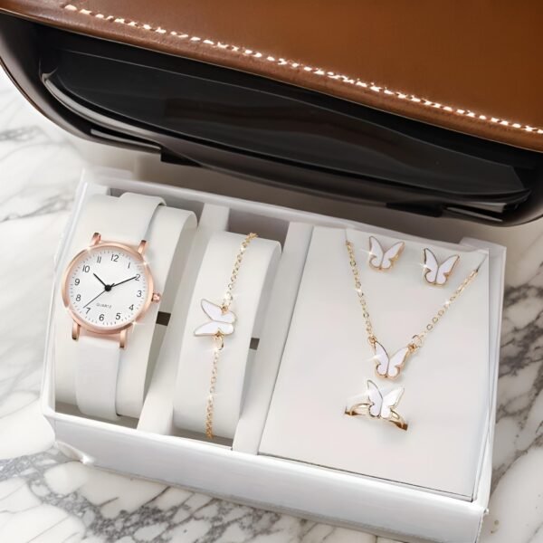 Montre à quartz décontractée avec cadran arabe pour femme, montres-bracelets analogiques en cuir PU, ensemble de bijoux papillon, sans boîte, 6 pièces par ensemble