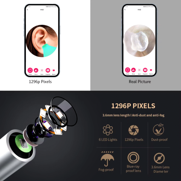 Smart Visual Ear Cleaner with Camera 1296P Ear Sticks USB C Charging Ear Wax Removal Tool WIFI Connection 6 LED Lights Earpick – Image 4