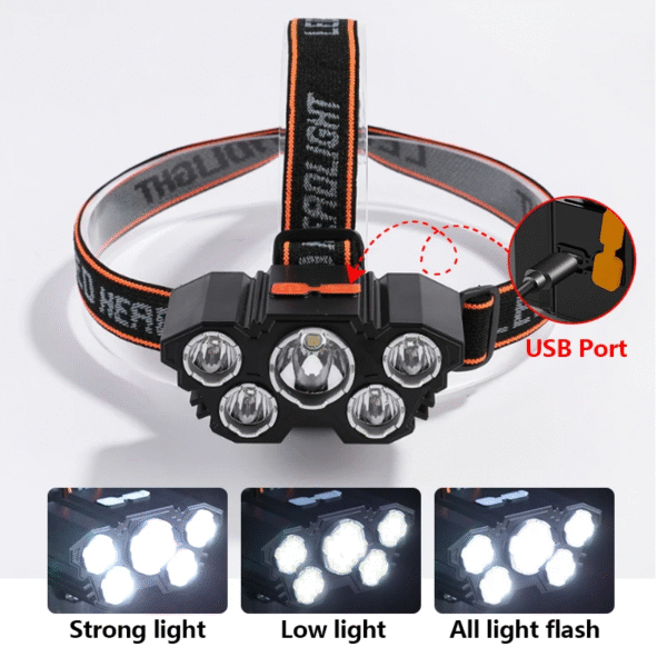 5 LED Flashlight Rechargeable with Built in Battery Strong Light Camping Adventure Fishing Head Light Headlamp – Image 3