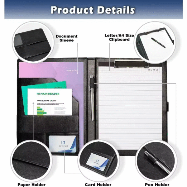 A4 Leather Clipboard Folder Padfolio Business Resume File Folder Padfolio Clipboard Interview Conference Document File Organizer – Image 4