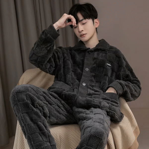 2Pcs/Set Men'S Pajamas Autumn and Winter Padded and Thickened Warm Long-Sleeved Trousers Coral Fleece Homewear Men'S Clothing – Image 6