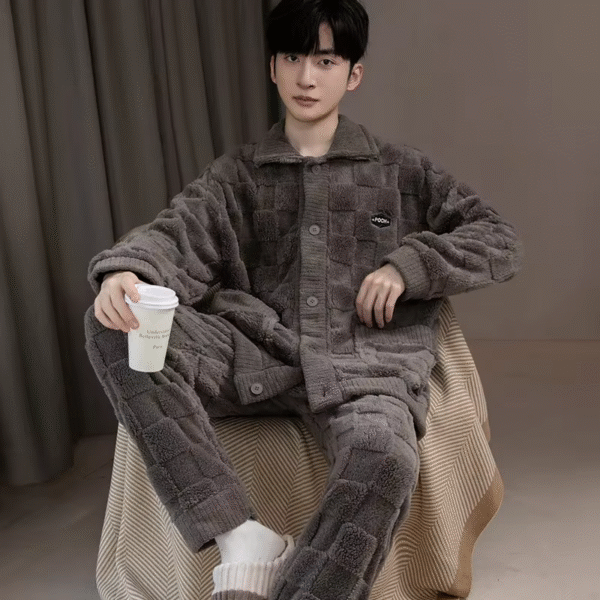2Pcs/Set Men'S Pajamas Autumn and Winter Padded and Thickened Warm Long-Sleeved Trousers Coral Fleece Homewear Men'S Clothing – Image 5