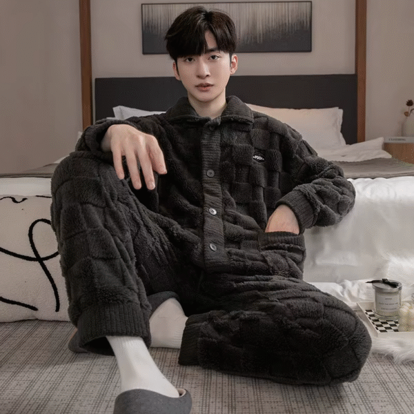 2Pcs/Set Men'S Pajamas Autumn and Winter Padded and Thickened Warm Long-Sleeved Trousers Coral Fleece Homewear Men'S Clothing