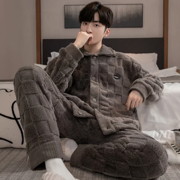 2Pcs/Set Men'S Pajamas Autumn and Winter Padded and Thickened Warm Long-Sleeved Trousers Coral Fleece Homewear Men'S Clothing – Image 7