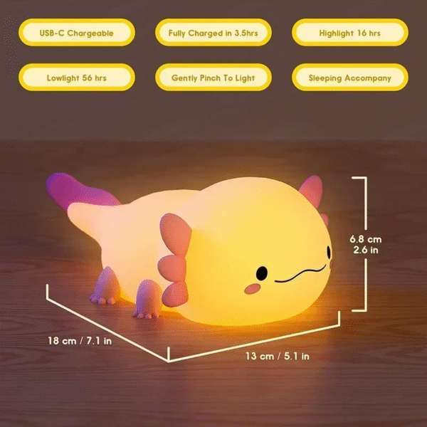 Cute Axolotl Night Light Silicone Nursery Sleeping Lamp Touch Control Nightlights USB Rechargeable Table Lamp for Child – Image 7