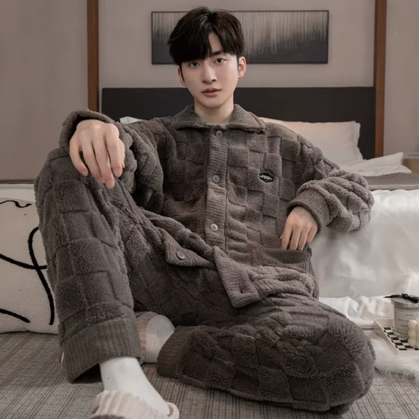 2Pcs/Set Men'S Pajamas Autumn and Winter Padded and Thickened Warm Long-Sleeved Trousers Coral Fleece Homewear Men'S Clothing – Image 8