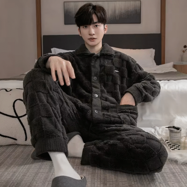 2Pcs/Set Men'S Pajamas Autumn and Winter Padded and Thickened Warm Long-Sleeved Trousers Coral Fleece Homewear Men'S Clothing – Image 3