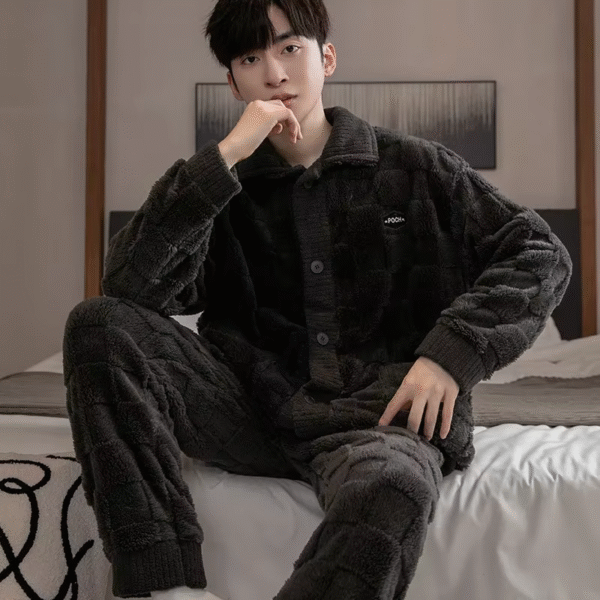 2Pcs/Set Men'S Pajamas Autumn and Winter Padded and Thickened Warm Long-Sleeved Trousers Coral Fleece Homewear Men'S Clothing – Image 4