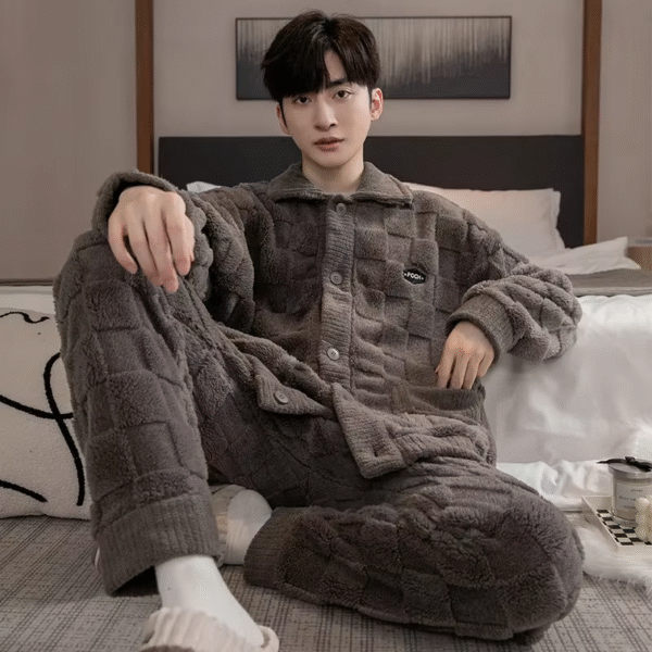 2Pcs/Set Men'S Pajamas Autumn and Winter Padded and Thickened Warm Long-Sleeved Trousers Coral Fleece Homewear Men'S Clothing – Image 2